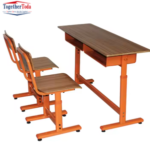 Ensemble chaise et bureau double réglable en hauteur avec rangement sous le bureau en bois pour salles de classe et centres de formation - Product Image 5
