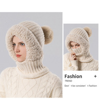 Bonnet, écharpe et masque tricotés tout-en-un pour femme, motif uni, coupe-vent, doublure polaire, chaud, en laine, idéal pour le cyclisme en hiver