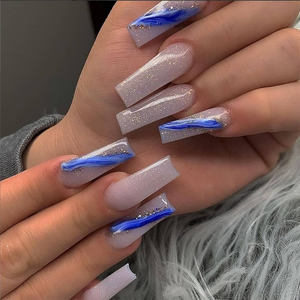 Faux ongles à presser faits à la main, brillants, longs, forme cercueil, motif zèbre, style French, longue tenue - Product Image 2