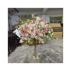 Factory Price Artificial Cherry Blossom Tree Pink Cherry And Light Yellow Rose Silk Cherry Tree Wedding Table Decoration