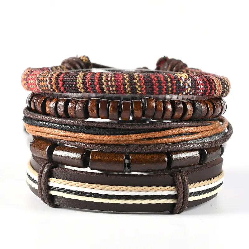 Fashion vintage personality beaded woven multilayer leather men's bracelet