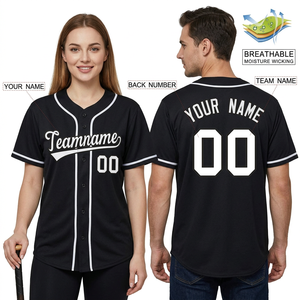 Maillot de baseball unisexe personnalisé pour adulte, col en V, bretelles en T, 100 % polyester, toutes saisons, noir avec bordure blanche, nom et numéro de l'équipe imprimés à l'écran - Product Image 1