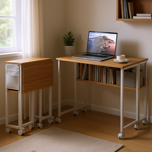 Folding <b>Computer</b> Desk With Storage Bag Shelf And Wheels Natural Wood Home Office Furniture - Product Image 2
