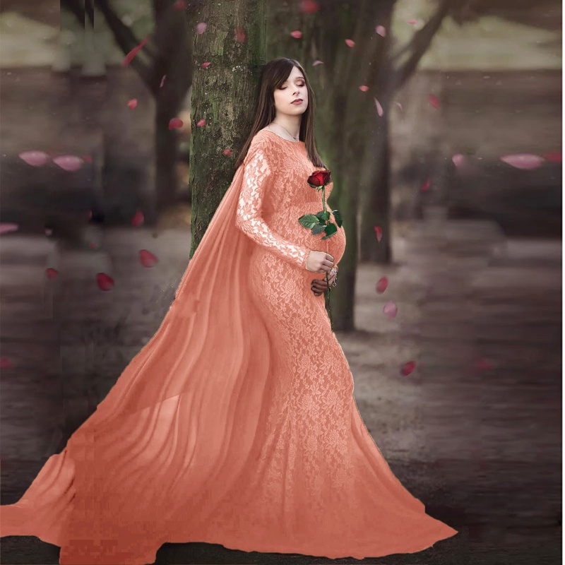 chinese dress ladies Pink&Blue Lace Backless Side Slit Gender Reveal Cute Maternity Maxi Dress  for Photoshoot – SeinDeal main image 1