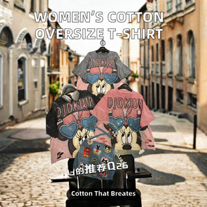 T-<span class=keywords><strong>shirt</strong></span> ample en coton respirant pour <span class=keywords><strong>femme</strong></span>, style décontracté avec imprimé de dessin animé, <span class=keywords><strong>taille</strong></span> XL pour l'été, 100% coton, décoration logo - Product Image 2
