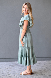 Robe trapèze mi-longue en jersey à manches courtes et col rond - Mélange élasthanne/coton vert - Product Image 4