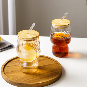 Amber Gold Waved Shape Design Ribbed Drinking Glass Iced Straw Tea Beer Boba Soda Can Tumbler Cup Coffee Cups with Lid and Straw - Product Image 2