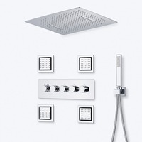 Ensemble de douche thermostatique encastré carré avec pommeau de pluie cascade, douchette à main et jets latéraux en laiton chromé pour projets hôteliers