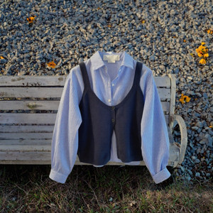 Camisa de Manga Larga a Rayas Azules para Mujer con Chaleco de Punto Azul Marino, Blusa Casual Holgada con Mangas Abullonadas para Todas las Temporadas - Product Image 3