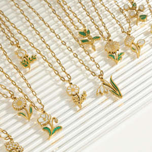 Kalung bunga ulang tahun 12 bulan, perhiasan Enamel trendi baru 2025 tahan air berlapis emas baja tahan karat - Product Image 3