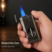 Briquet à cigares classique avec logo, flamme bleue gonflable coupe-vent, triple flamme, coffret cadeau, ciseaux à découper les cigares, combustible au butane, durable