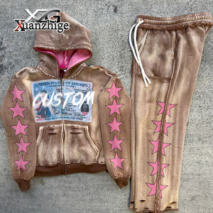 เสื้อมีฮู้ดผ้าคอตตอนแบบรูดซิปใหม่เสื้อมีฮู้ดแบบมีเชือกผูกย้อมสีวินเทจซักกรดมีรอยขาด - Product Image 1