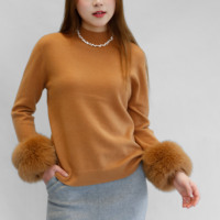 Pull en laine élégant et léger pour femmes, avec poignets en fourrure de renard véritable, pull d'hiver en tricot sans couture