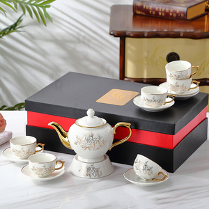 Custom Classic Eco-Friendly 14-Piece Porcelain Coffee & <b>Tea</b> <b>Set</b> with Teapot and Cups in White and Gold - Product Image 4