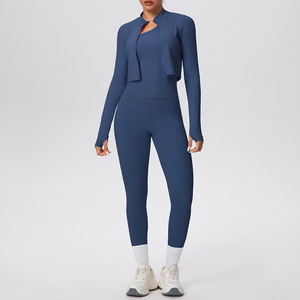YIYI Ensemble de yoga 3 pièces à séchage rapide pour femme, col montant, manches longues, tenue de yoga asymétrique à une épaule, taille haute, contrôle du ventre, tenue de sport - Product Image 2