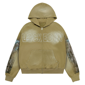 Men's Oversized Khaki Distressed Zip Up Hoodie Stud with Rhinestones Stained Glass Sleeve High Street Casual Vintage Sweatshirt - Product Image 1