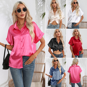Nuevas Camisas de Satén para Mujer, Blusa de Manga Corta de Color Sólido, Primavera Verano, Blusa Informal para Dama - Product Image 1