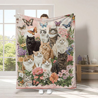 Selimut Flanel Motif Kucing Kupu-kupu, Lembut Hangat Nyaman untuk Sofa Tempat Tidur, Selimut Hadiah untuk Pecinta Kucing dengan Pola Bunga dan Anak Kucing yang Lucu