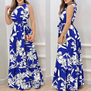 Robe longue d'été pour femme à imprimé floral, col licou, coupe trapèze, sans manches, taille haute avec ceinture, taille <span class=keywords><strong>empire</strong></span>, à volants, taille unique - Product Image 6