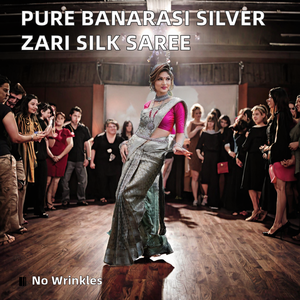 Sari de Seda Suave con Tejido Zari Plateado Banarasi Puro, de Diseño Tradicional y de Lujo, para Bodas y Fiestas, Verano e Invierno, Estilo Indio - Product Image 2