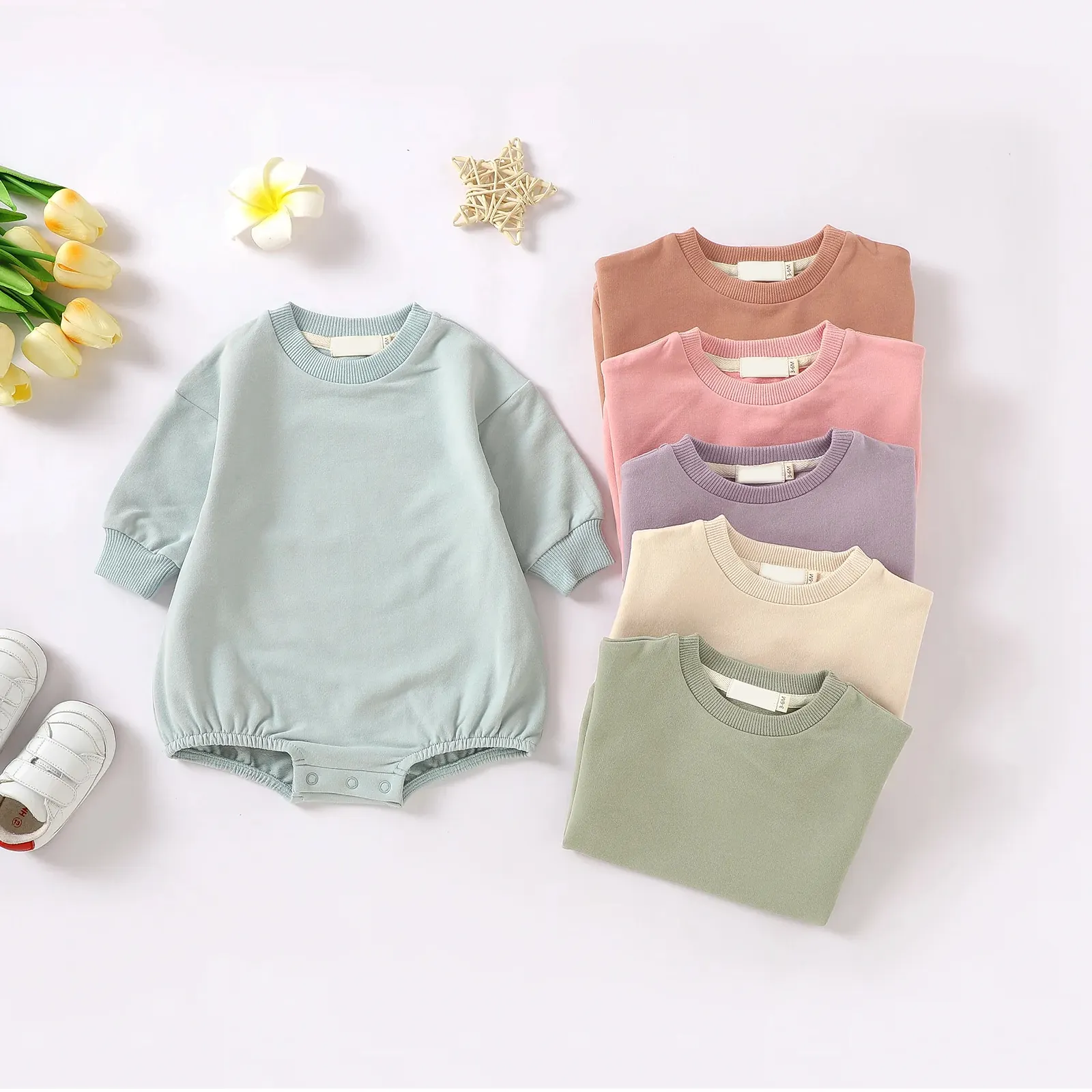 French Terry Drop Sleeve Newborn Baby Toddler Sweater bodysuit Organic Cotton Bubble Plain Baby Sweatshirt Romper