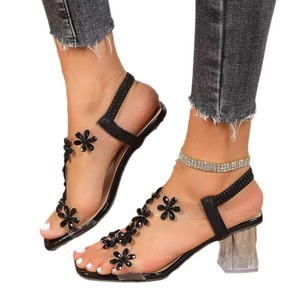 Elegant Square Toe Slip-on <b>Sandals</b> For Women <b>Elastic</b> Strap Rhinestone Flower Crystal Heel Dating Party Footwear - Product Image 6
