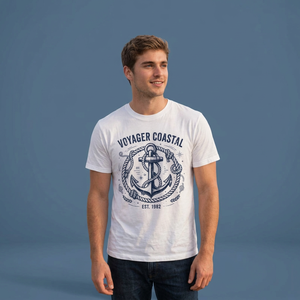 Camiseta de Jersey Blanca para Hombre, Corte Regular, Manga Corta, Cuello Redondo, Transpirable, con Estampado Gráfico de Letras de Ancla Vintage, Estilo Casual - Product Image 1