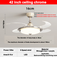 Lampe de ventilateur de plafond LED décorative moderne de 42 pouces, lustre haut rétractable, télécommande BT, haut-parleur, moteur à courant continu, fabriqué en Chine