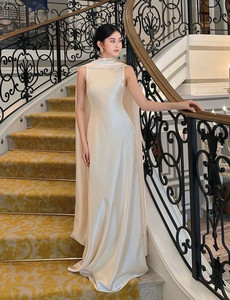 Abito lungo da donna beige in raso con maniche a cappa, senza maniche, collo alto, elegante <span class=keywords><strong>per</strong></span> serate formali, feste, balli di fine anno, matrimoni e occasioni speciali - Product Image 1