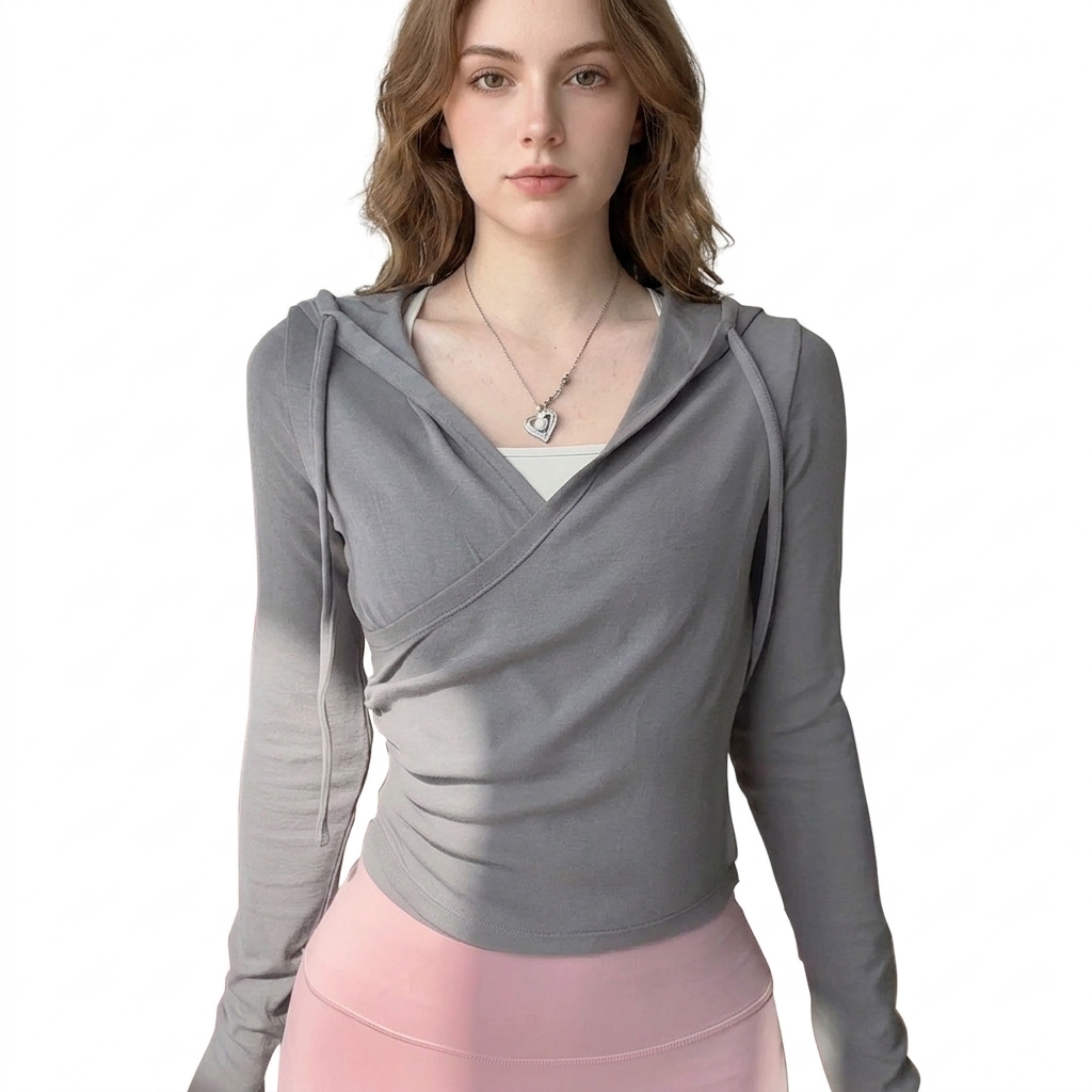 Customized Fall/Winter Yoga Wear Women Breathable Spandex/Nylon Cross-Tie Waist Sports Hooded Top V-Neck Long-Sleeve Chic Gym