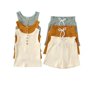 Pakaian Anak-anak Bayi Baru Musim Panas Rompi Kain Garis-garis Pit Lembut Anak-anak + Celana Pendek Kasual Dua