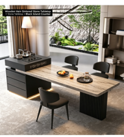 Table longue simple avec plateau en pierre, table à manger en bois massif, armoire de bar, îlot de cuisine, idéale pour salle à manger et villa