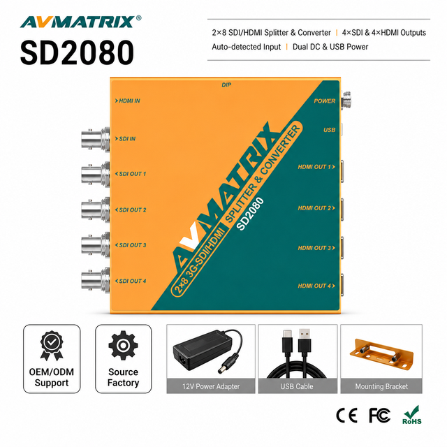 AVMATRIX SD2080 2x8 SDI HDMI Splitter Converter 1080p60 SDI Reclocking Distribution Amplifier for Live Streaming Broadcast