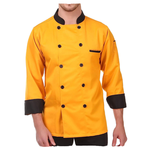 เสื้อเชฟสีเหลืองสำหรับผู้ชาย แขนยาว ผ้าฝ้ายทอ สำหรับร้านอาหาร บาร์ ครัว ตกแต่งขอบสีดำ พร้อมกระดุม - Product Image 1