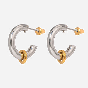 Boucles d'oreilles clous bicolores C-Ring en acier inoxydable plaqué or 18 carats, design géométrique, bijoux de mode pour femme - Product Image 1