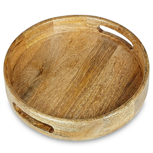Round <b>Wooden</b> Decorative Tray With Handles <b>Rustic</b> Handcrafted Design For Tabletop Display - Product Image 1