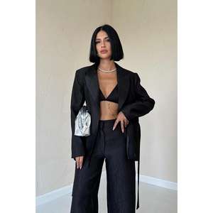 Elegant Black Belted <b>Suit</b> Set Women's Satin Pants <b>Jacket</b> Anti-Wrinkle 100% Polyester - Product Image 3