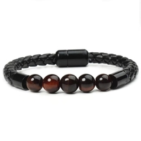 Pulsera de Cuero con Cuentas de Piedra Natural Ojo de Tigre Vintage, Cierre Magnético de Acero Inoxidable con Certificación CE para Hombre
