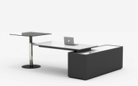 Bureau de direction en forme de L avec table de réunion ronde en verre réglable et armoire latérale