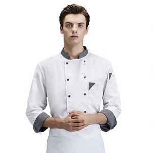 Veste de chef à manches courtes pour homme, en coton blanc tissé, fermeture boutonnée, uniforme de restaurant et de bar, tablier à carreaux inclus - Product Image 2