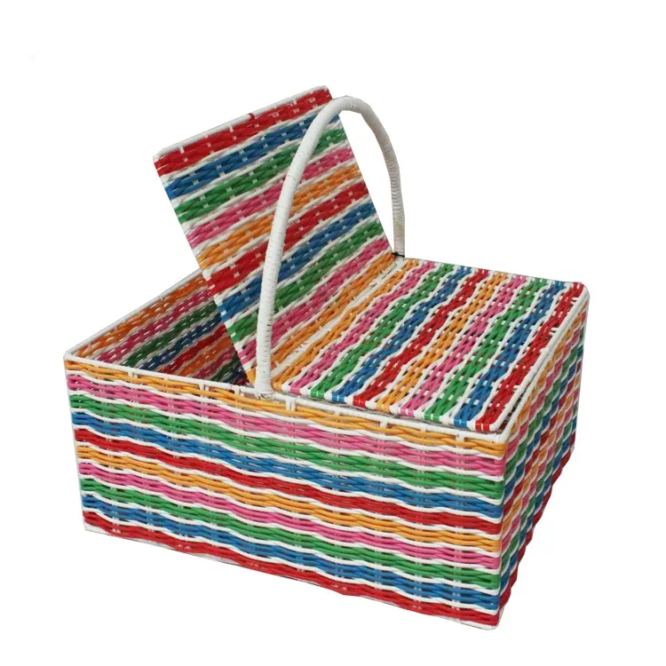 Colorful classic lovely food storage organizer empty cheap PP plastic weaving picnic basket with handle