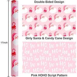 Yarcony Christmas Gift <b>Wrapping</b> <b>Paper</b> Pink Santa Bows Reversible 46.8 Sq Ft Recyclable For Holiday Craft - Product Image 3