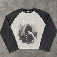 T-shirt à manches longues décontracté surdimensionné en coton 100% avec imprimé graphique vintage délavé à l'acide et manches raglan