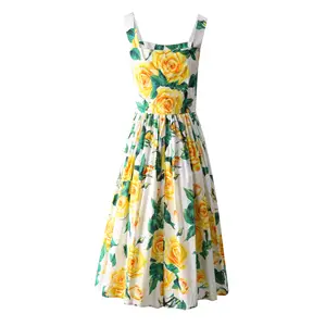 New dropshipping high quality 100% cotton yellow rose prints pleated dress for ladies