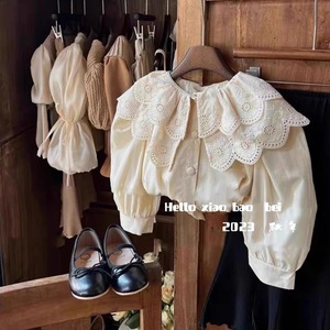 Girls Lace Collar Blouse Off White Cotton Poplin Spring 2024 Fashion Top - Product Image 1