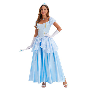 Robe de princesse bleue Sissi pour femmes adultes, costume fantaisie avec gants et couronne pour fête d'Halloween - Product Image 2