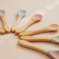 Ensemble de 2 couverts pour bébé et tout-petit, sans BPA, de qualité alimentaire, avec cuillère et fourchette à embout en silicone souple et manche en bois