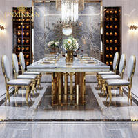 Table à manger moderne de luxe en marbre imperméable, avec pieds en acier inoxydable doré, 6 chaises, mobilier de restaurant