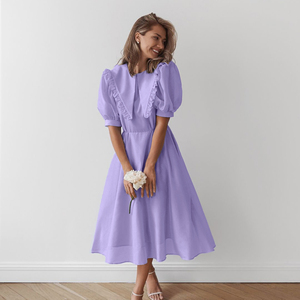Abito Elegante Estivo da Donna con Colletto Peter Pan e Zip Posteriore, Maniche Corte a Sbuffo, Lunghezza Lunga, Colore Viola, Collezione 2025 - Product Image 1