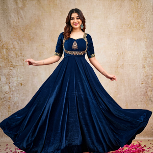 Conjunto de Kurti de Terciopelo Largo hasta el Suelo de Secado Rápido para Mujer, Traje Étnico de 3 Piezas con Dupatta, Vestido Tradicional para Fiesta de Boda - Product Image 1